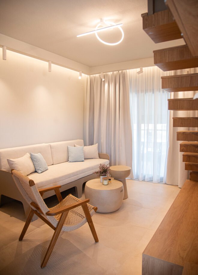 Modern living room interior of Suite maisonette at NADÚ Flogita